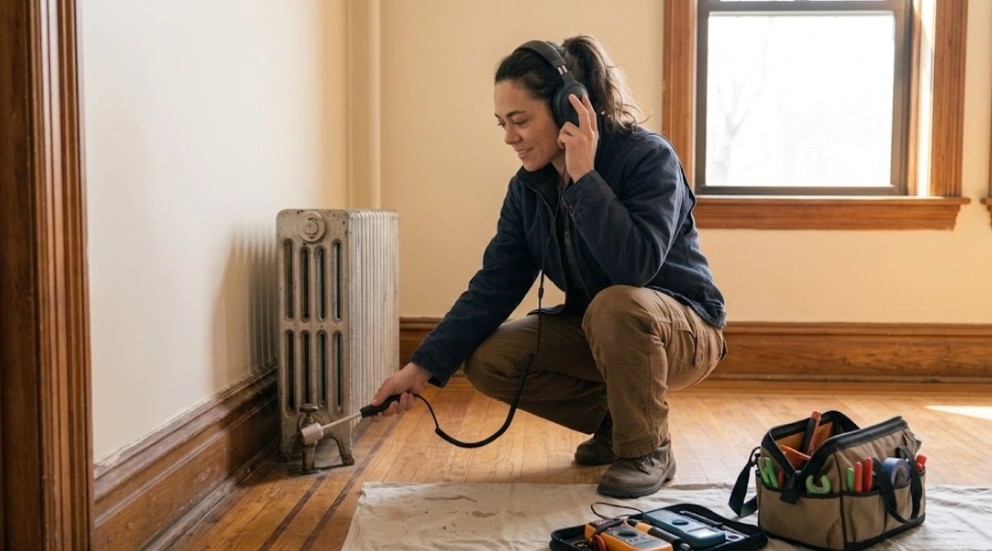 Professional thermal and acoustic leak detection equipment locating hidden pipe leaks in an apartment wall