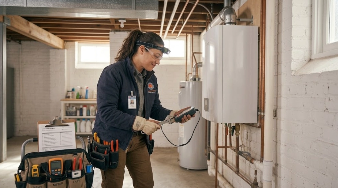 Certified boiler technician performing diagnostic inspection and safety valve testing on a modern heating system